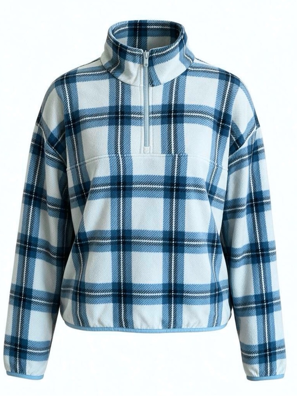 EDDIE BAUER blue plaid crop fleece 1/4 zip pullover size M - Like New!